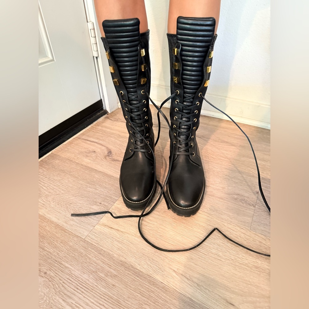 Stuart Weitzman Black Ankle Boots with Gold Accents